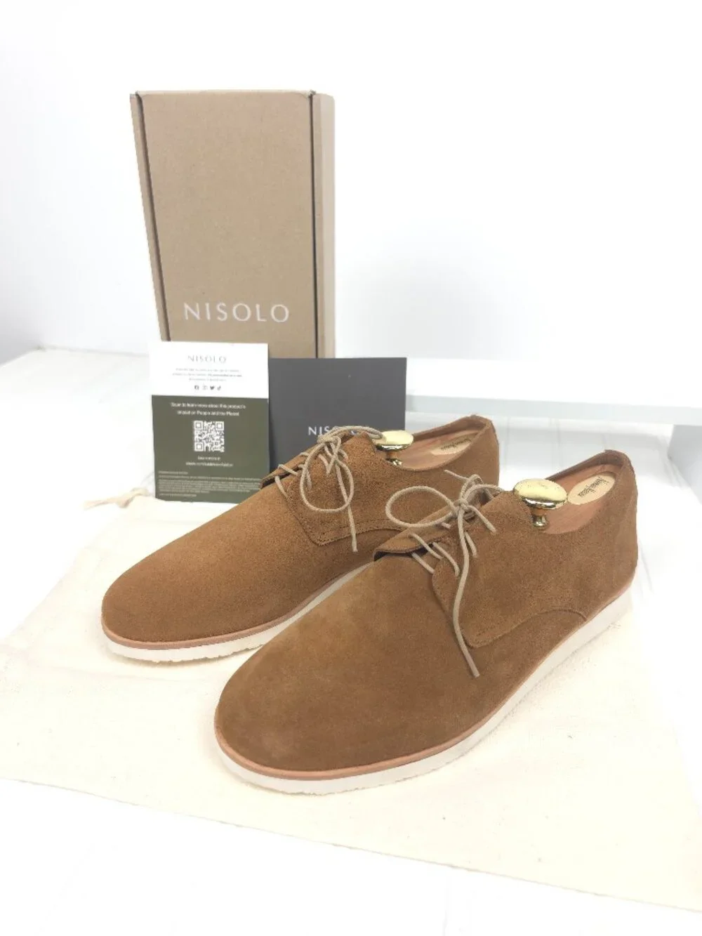 NIB Men's NISOLO Lightweight Flex Derby Suede Leather Oxford Tan Size 9.5